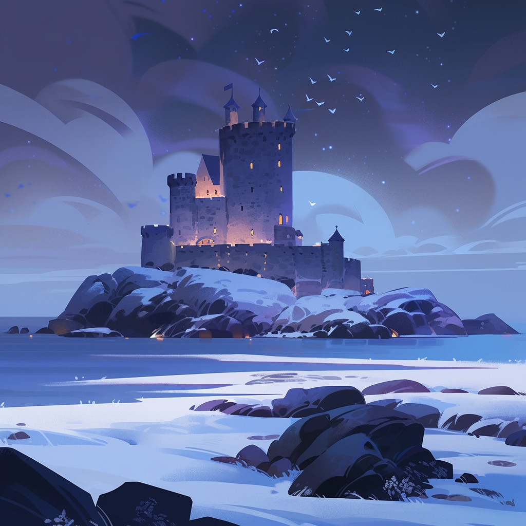 Medieval Scottish Isles Castle Overlooking Sea in Snowy Night