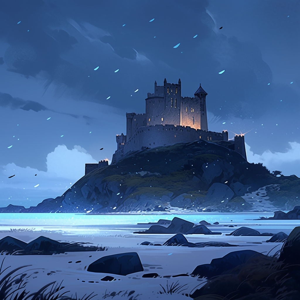 Medieval Scottish castle overlooking snowy isles and sea