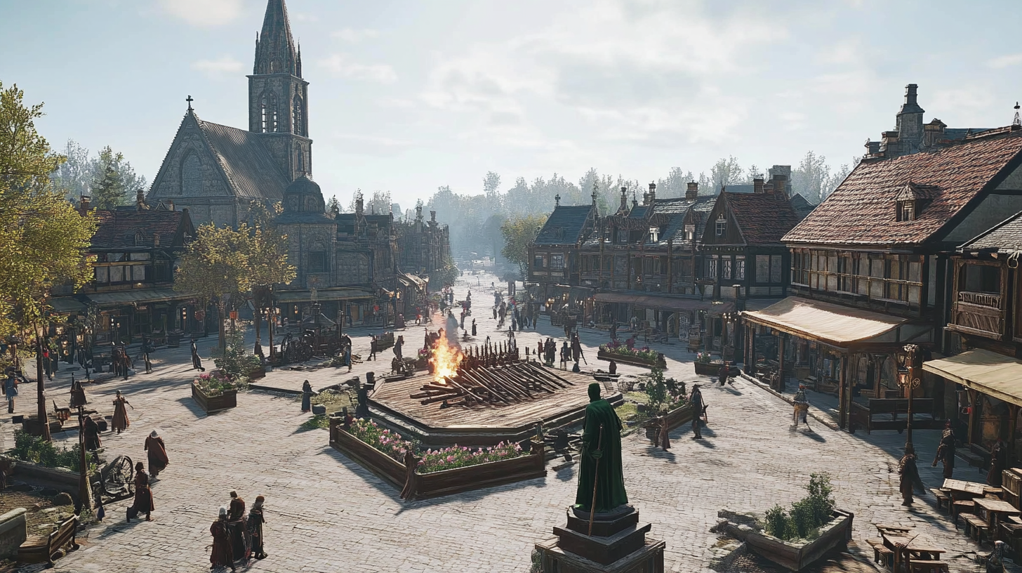 Medieval Town Square with Unlit Pyre and Buildings