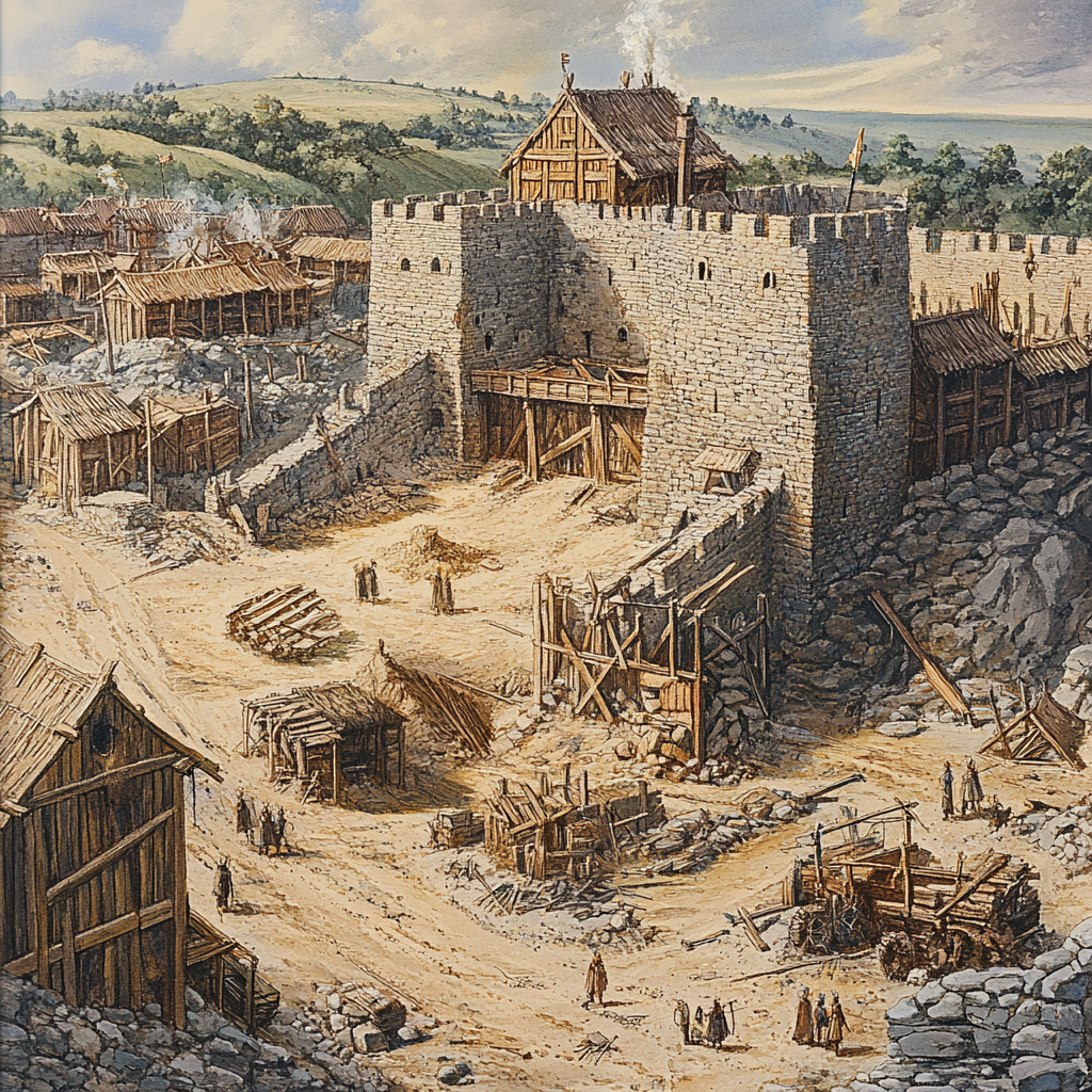 Medieval building site with walls and guard towers