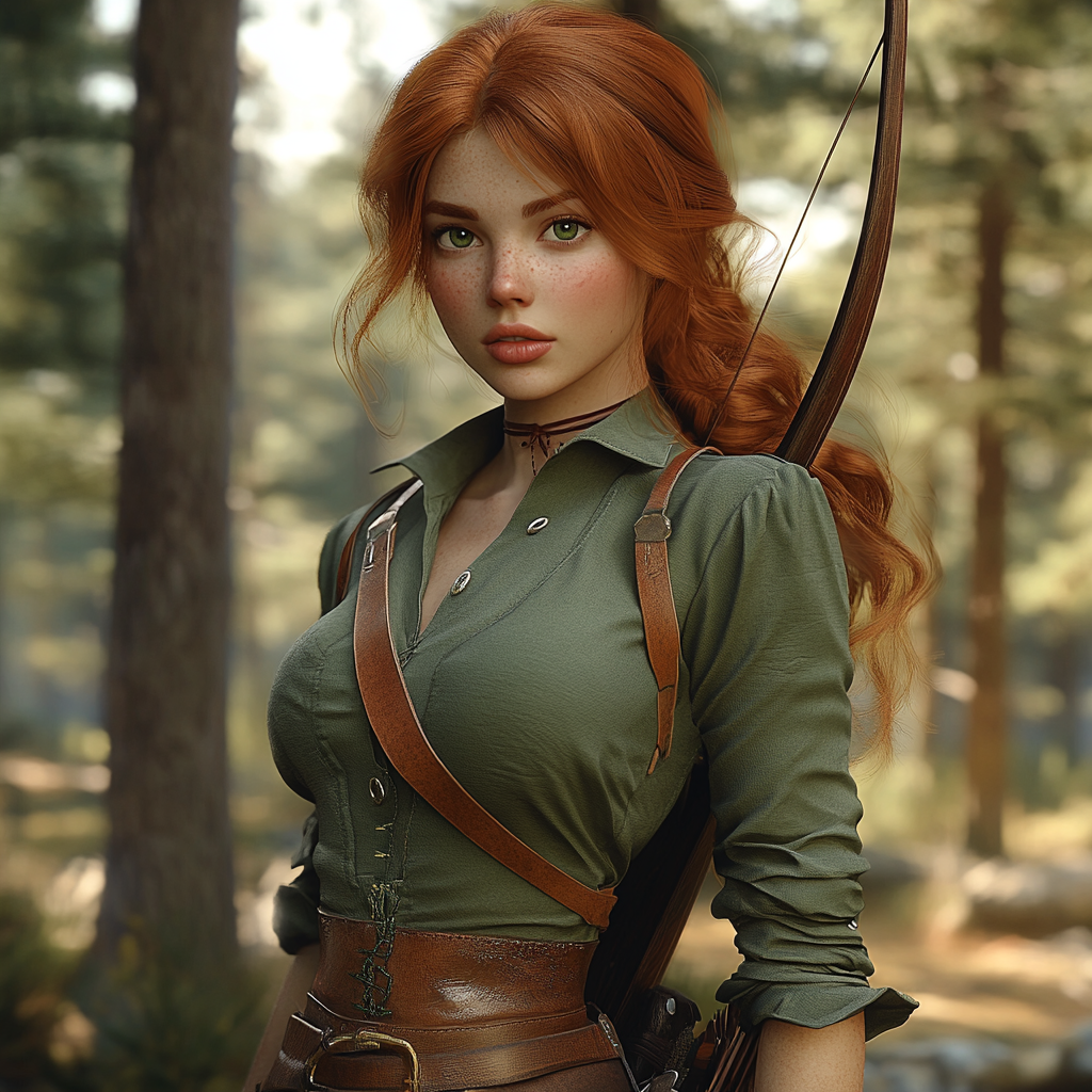 Medieval female hunter with red hair in forest