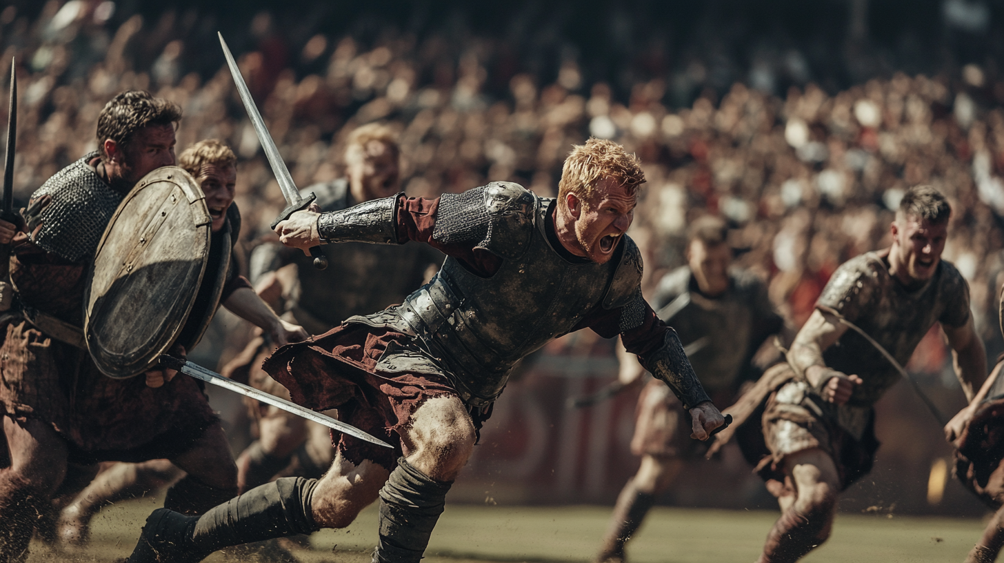 Medieval footballers in armor play at full stadium.