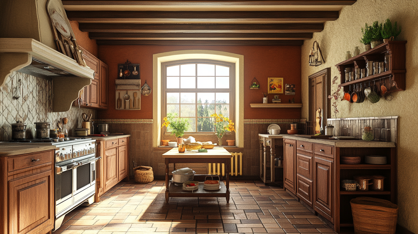 Medieval kitchen with classic wooden design and details.