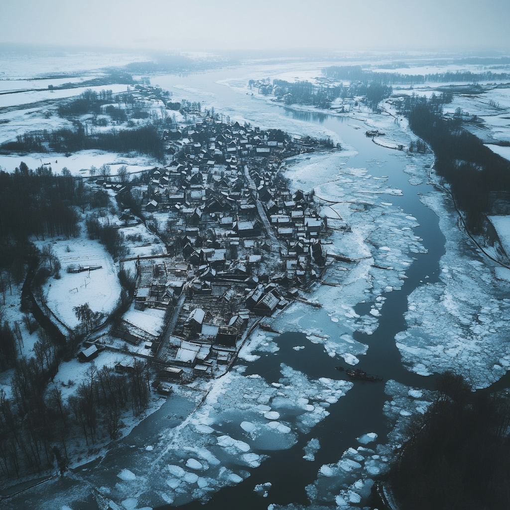 Medieval village by rivers in snowy winter