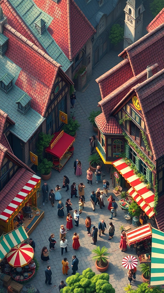 Medieval village carnival with Disney characters in 3D.