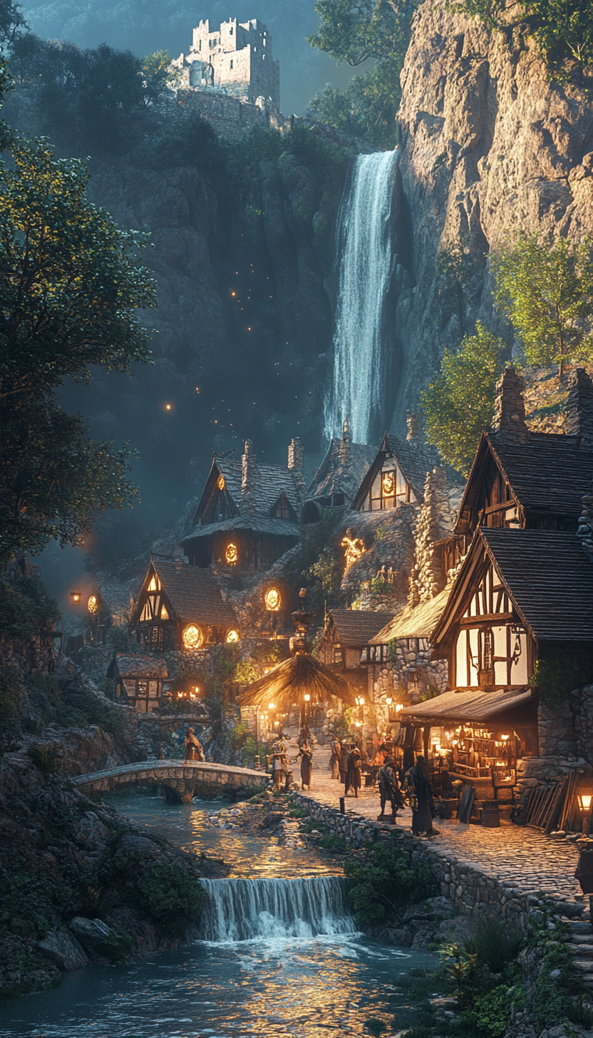 Medieval village near magical waterfall in enchanted valley.