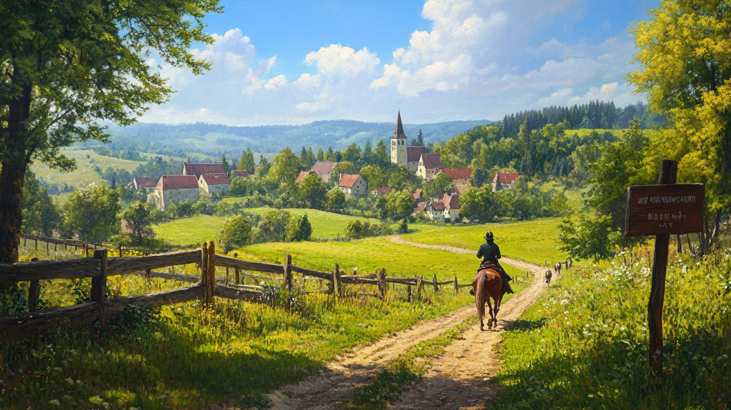 Medieval village on rolling hills under clear skies