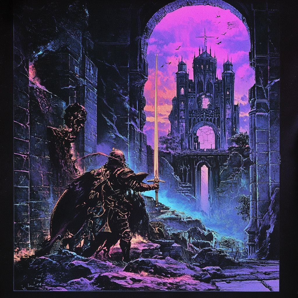 Medieval warrior hologram in neon purple castle