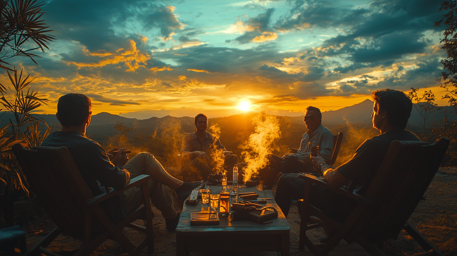 Men Sharing Stories Amidst Nicaragua's Mountain Sunset