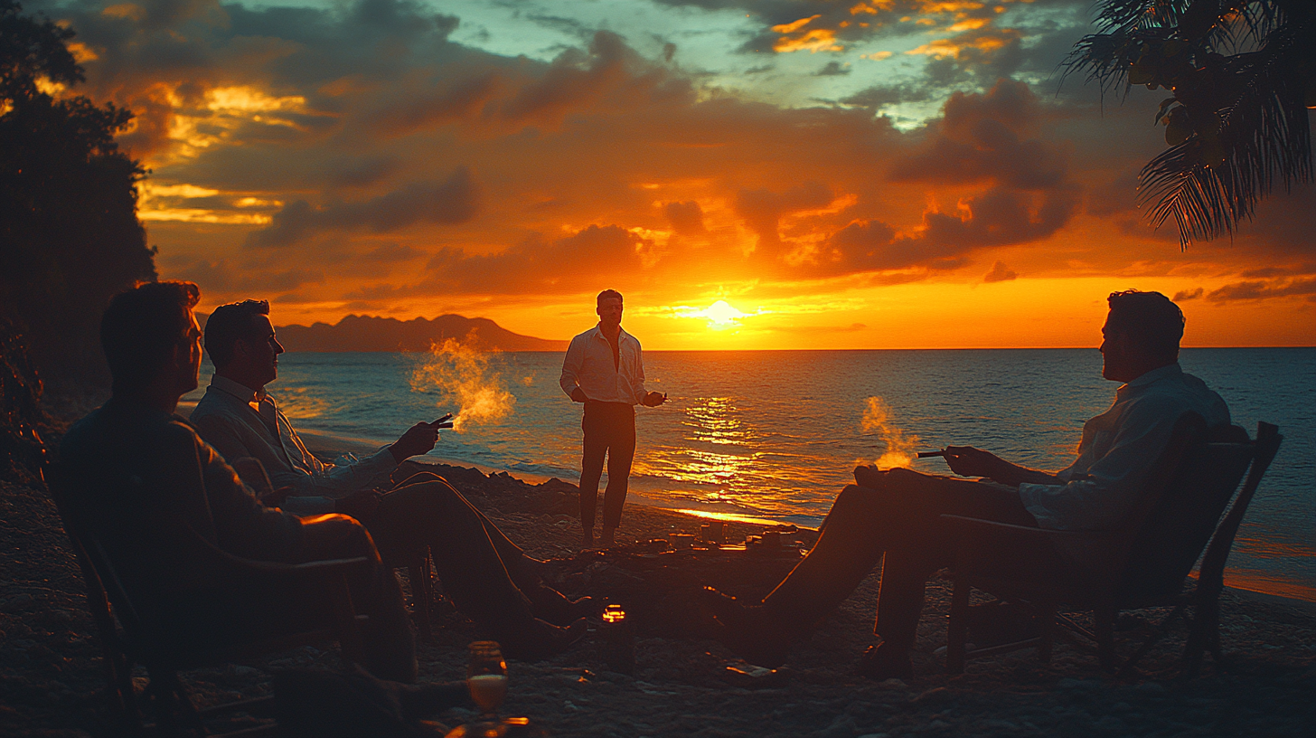 Men Socializing at Beach with Cigars during Sunset