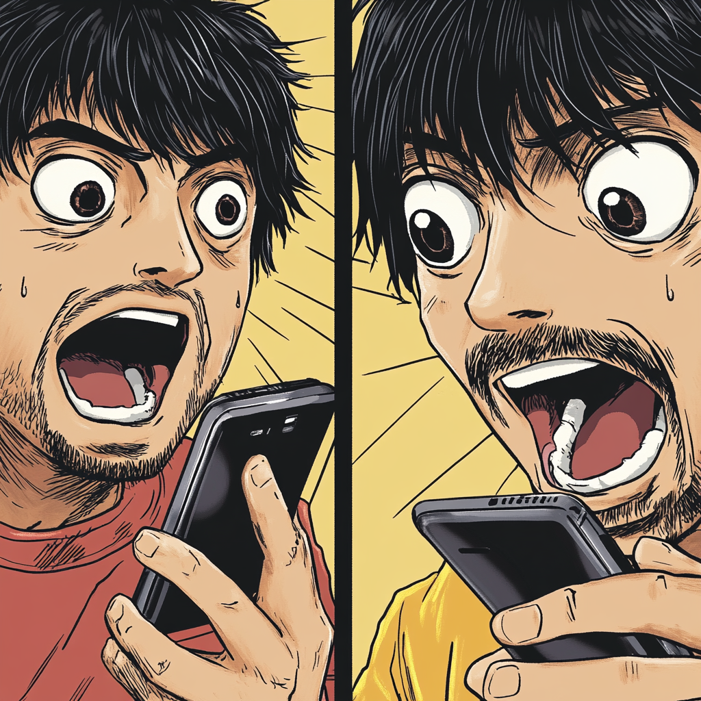 Men chat on phones in colorful manga drawings