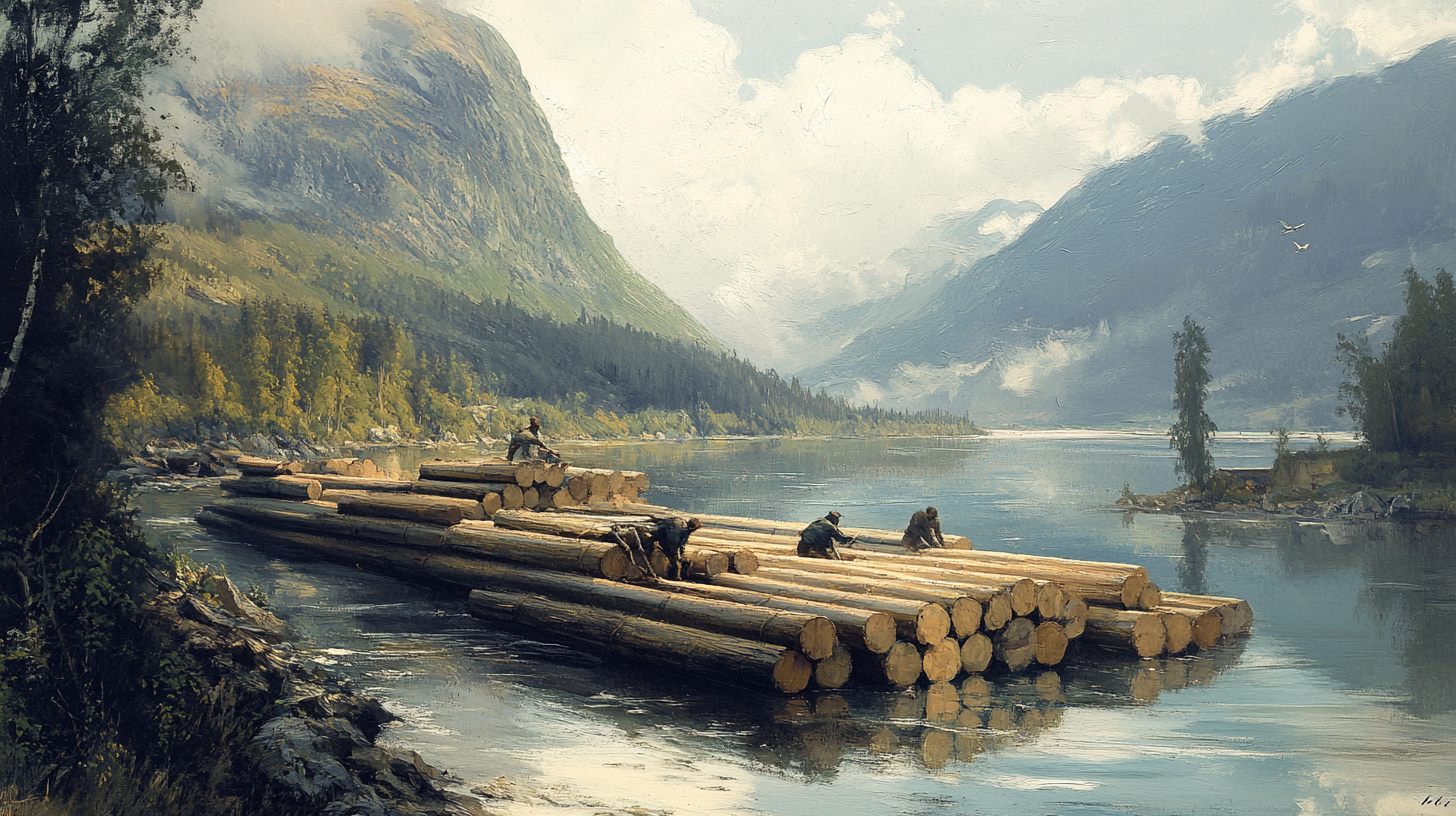 Men working near river, 1800s Norwegian style painting