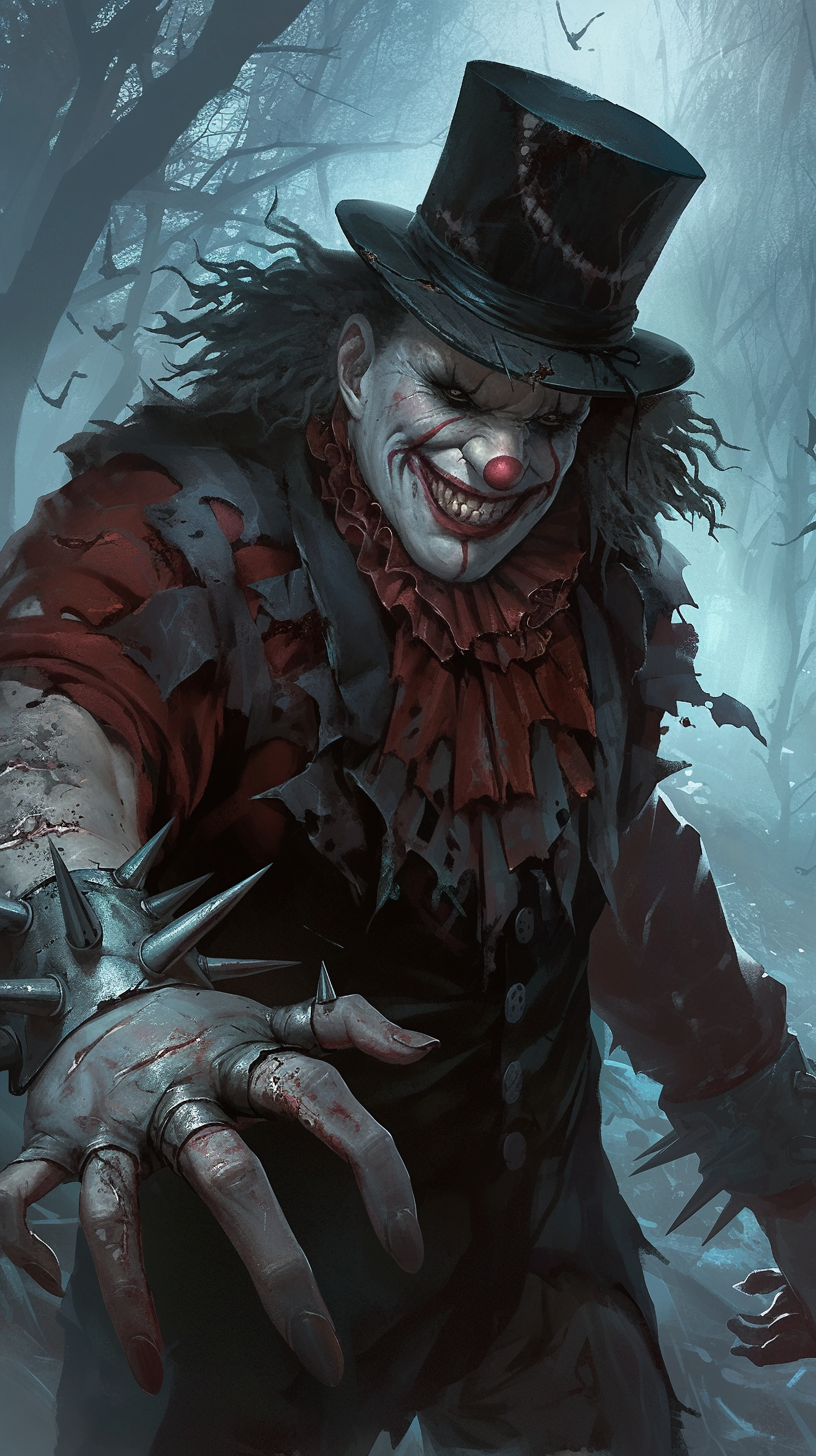 Menacing Clown in Dark, Spooky Forest Illustration