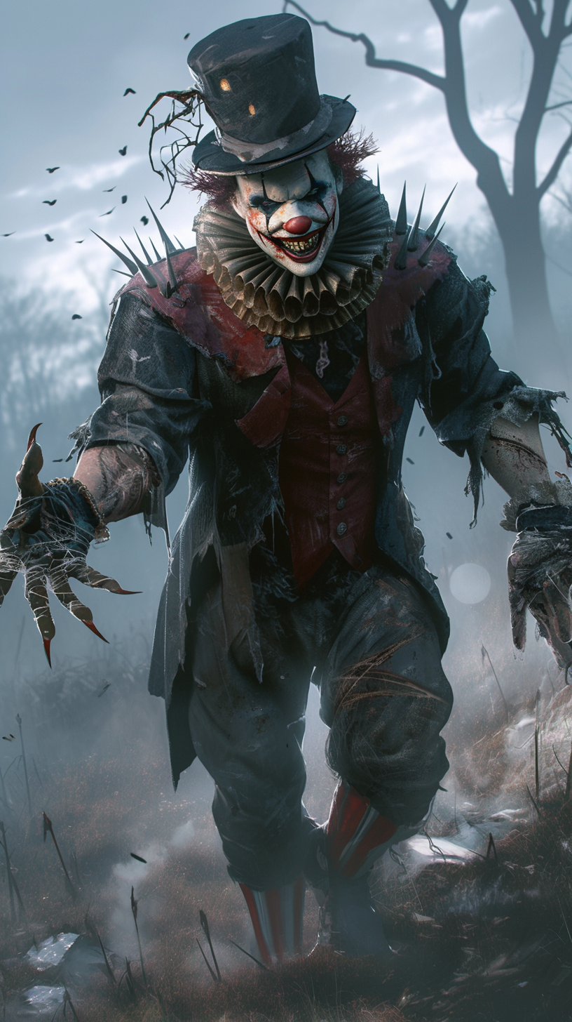 Menacing Clown in Spooky Forest: A Dark Scene