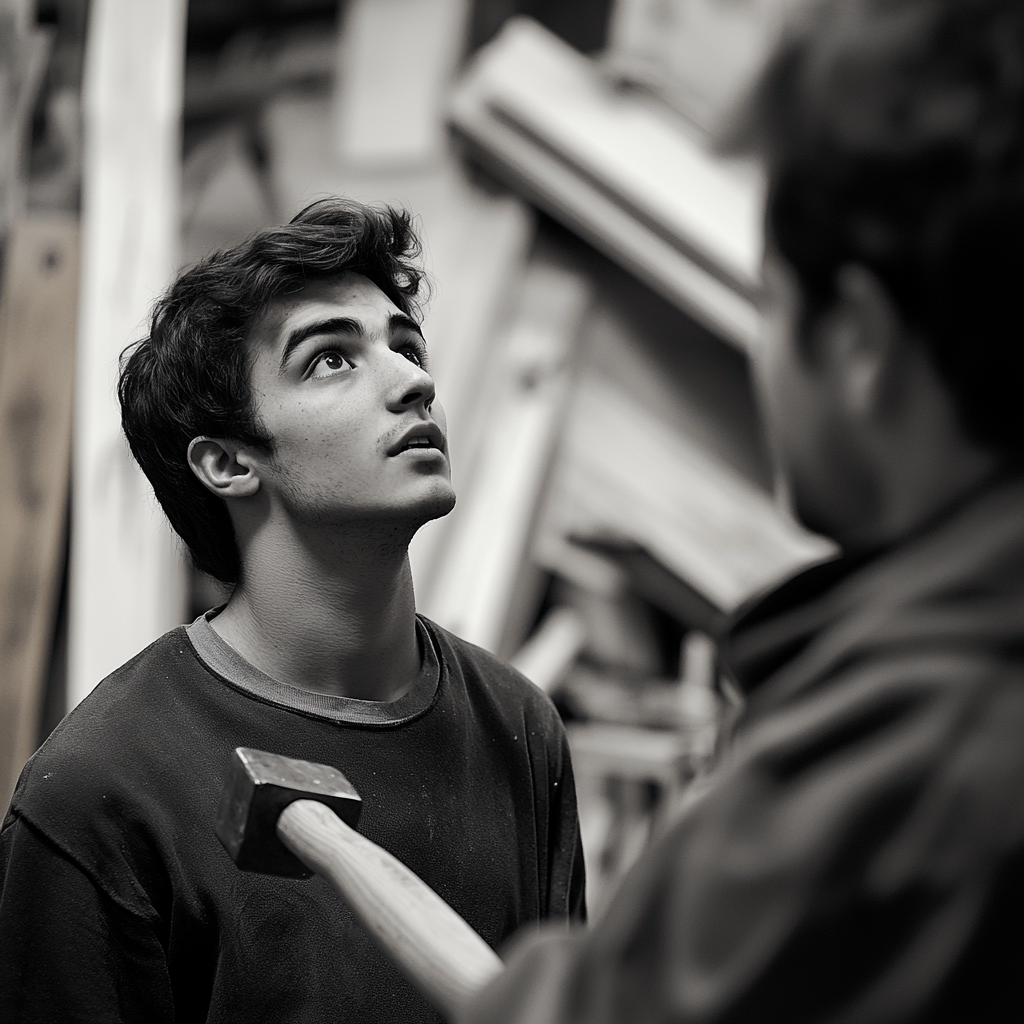 Mentor passing hammer to young man in workshop.