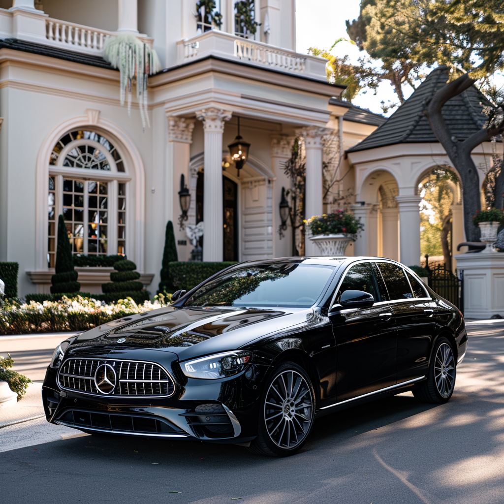 Mercedes E200 in front of mansion, Nikon DX lens.