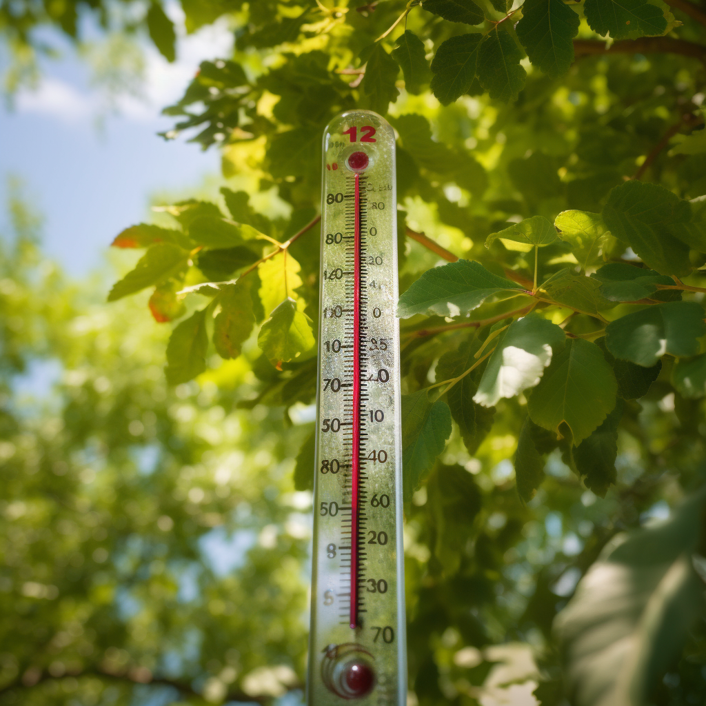 Mercury thermometer showing warm temperature under lush tree