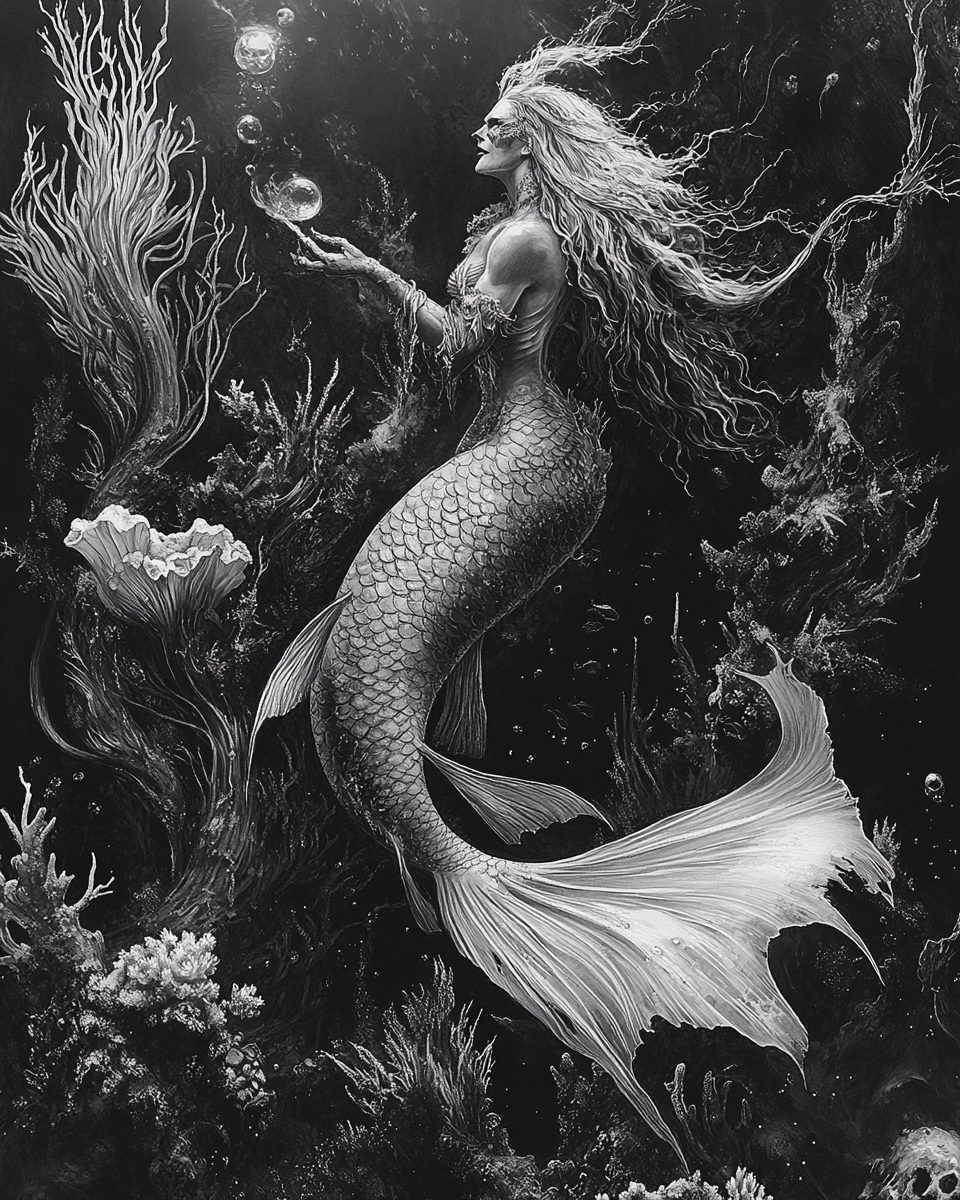 Mermaid witch with Merman warlock casting spell underwater