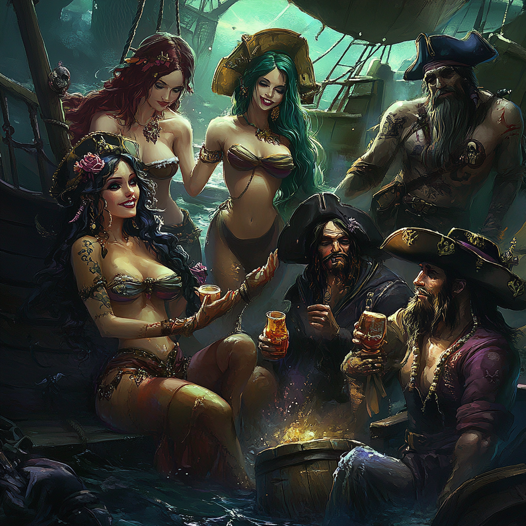 Mermaids give rum to pirates on ghost ship