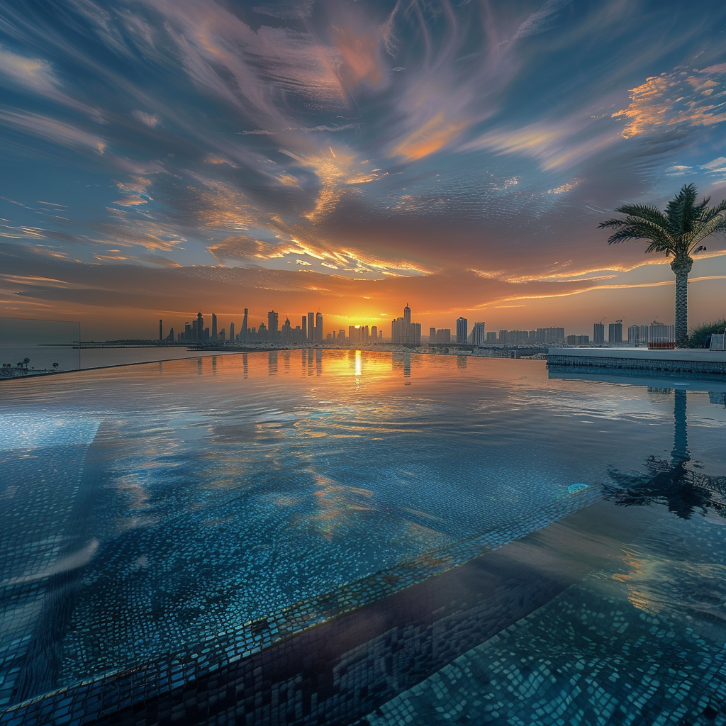 Mesmerizing Dubai skyline viewed from luxurious rooftop pool