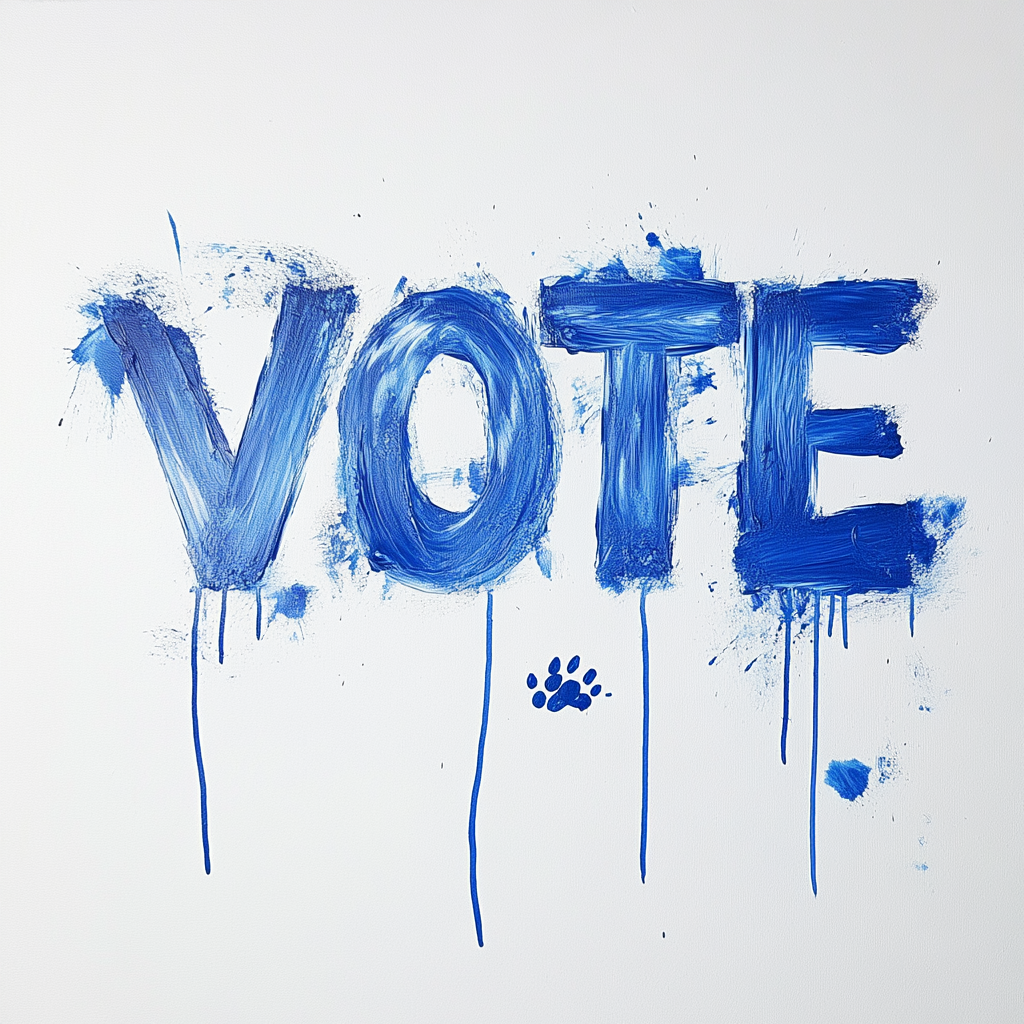 Messy blue VOTE with smudged paw print.