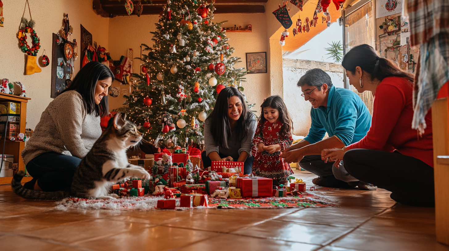 Mexican Christmas Celebration with Happy Family and Pets