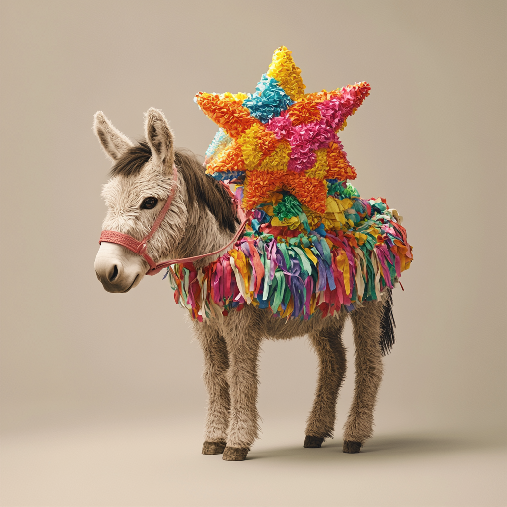 Mexican Donkey Carries Colorful Piñata on Back