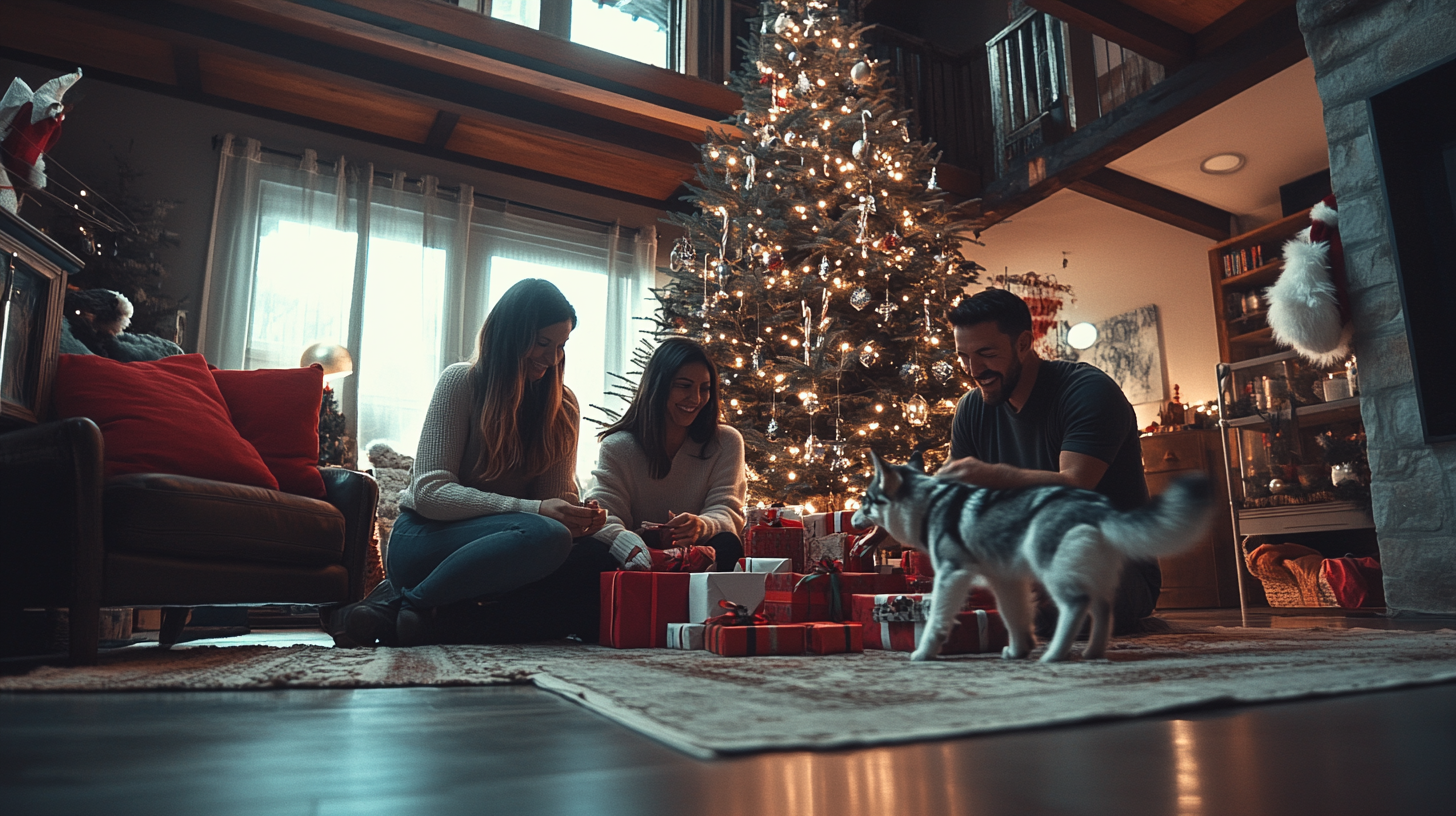 Mexican Family Celebrates Christmas with Pets: Full Scene