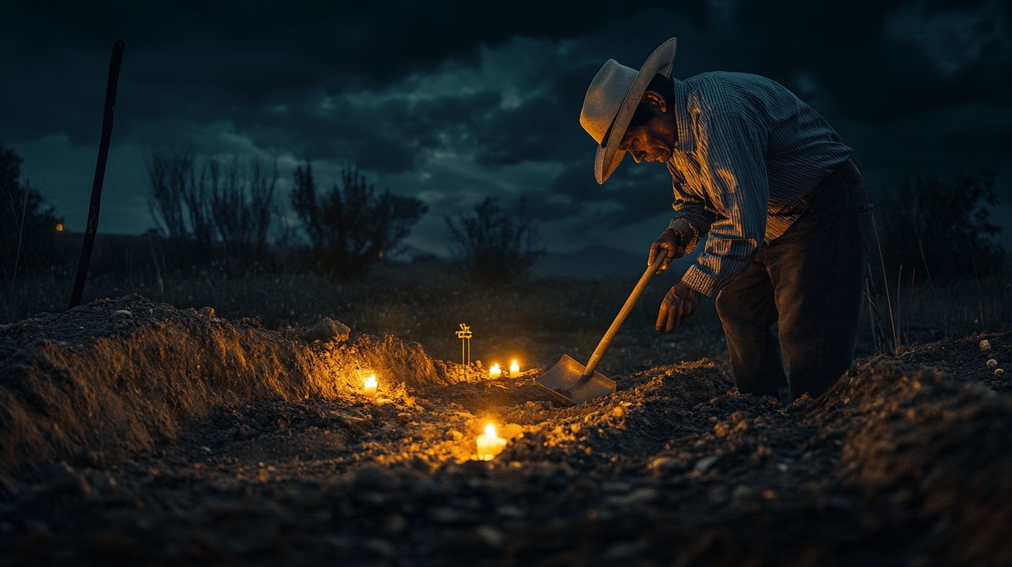 Mexican gravedigger gazes at open grave, candles glow.