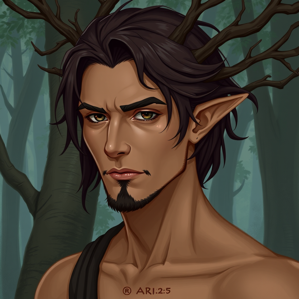Middle-Aged Eladrin Man in Forest with Branch Hairstyle