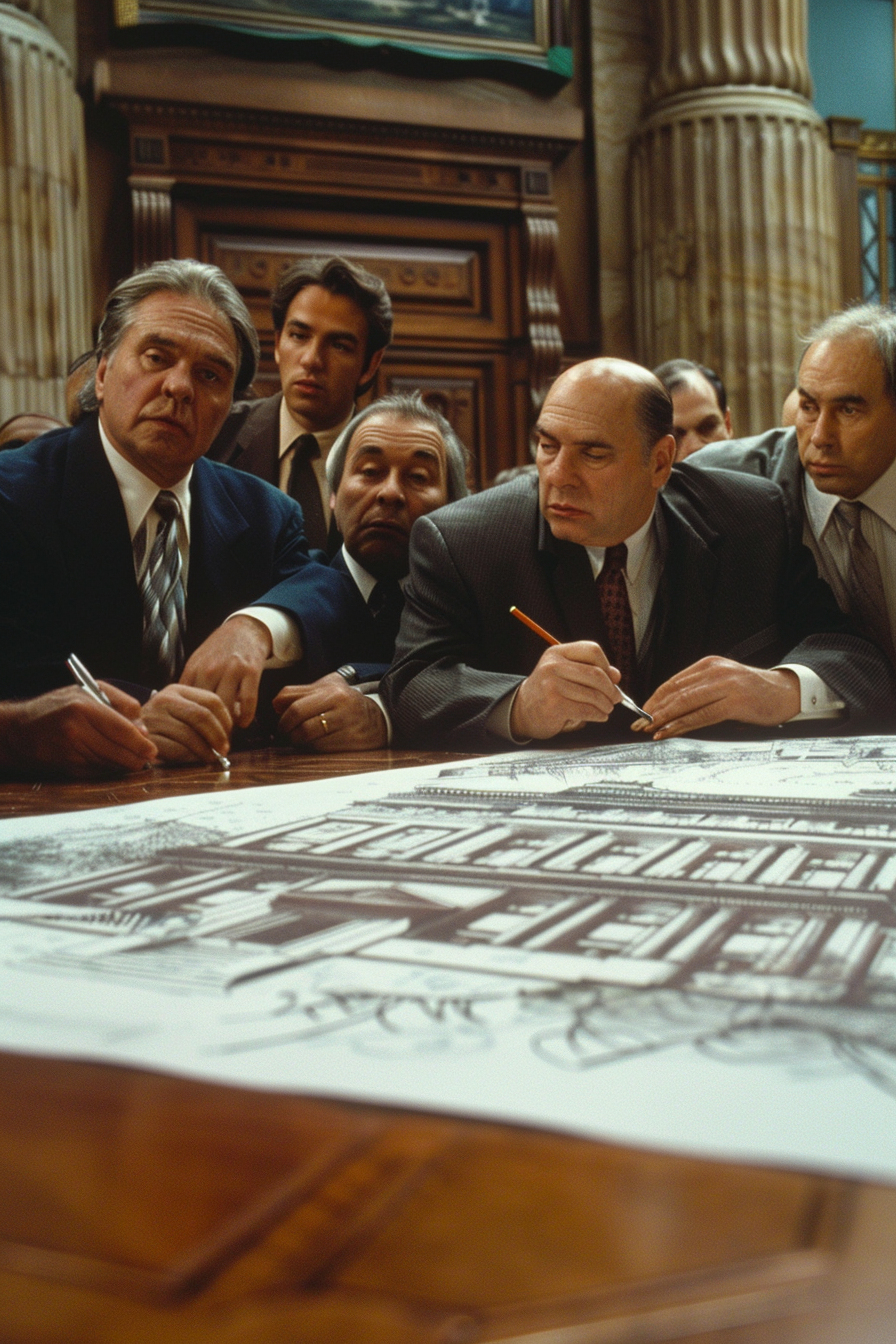 Middle-Aged Group Drawing a Bank Building Together