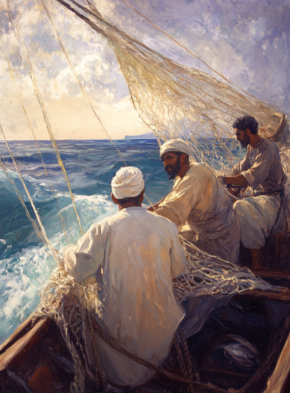 Middle Eastern Fishermen Pulling Nets: A Peaceful Scene