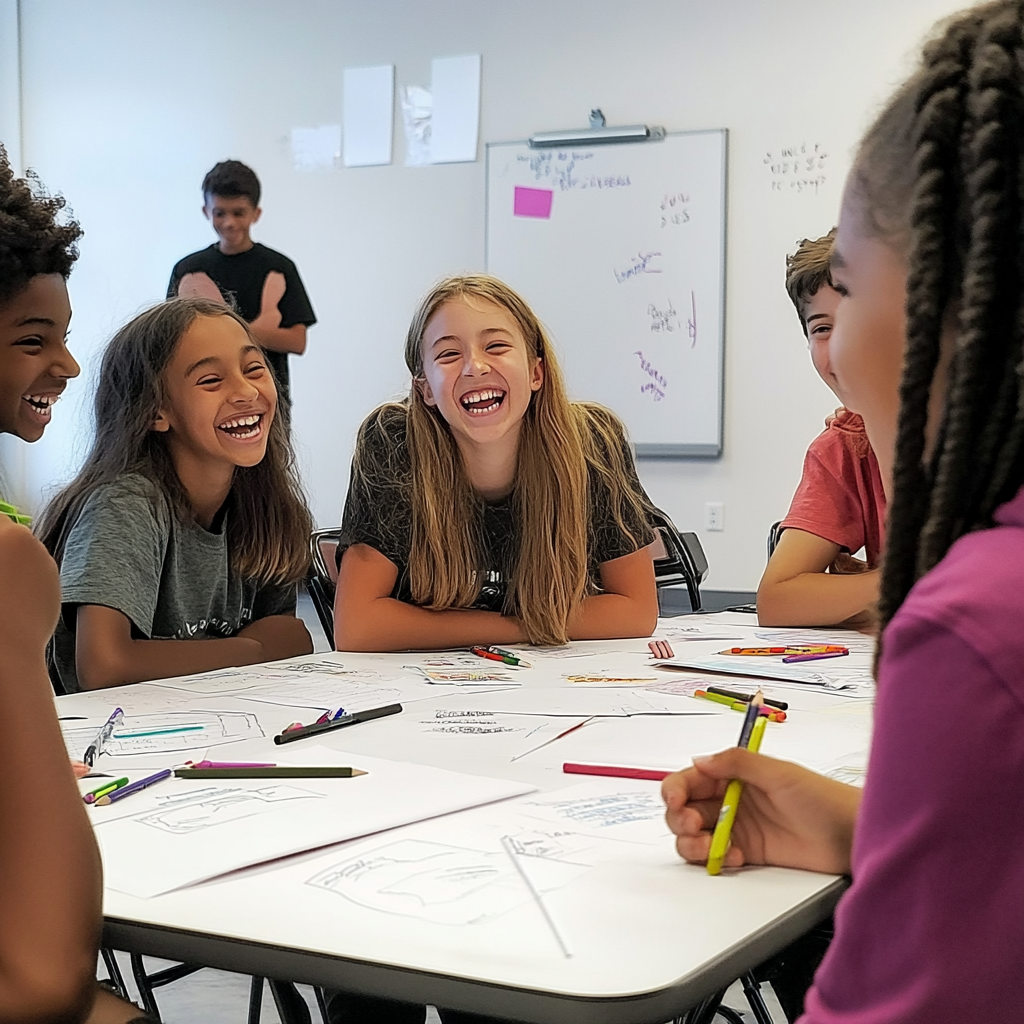 Middle School Kids Color and Laugh with Teacher