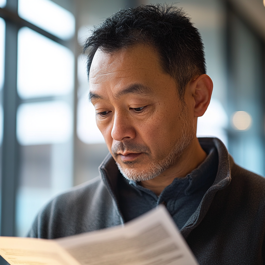 Middle-aged man in waiting room reading pamphlet