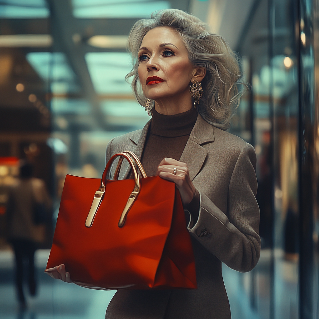 Middle-aged mom shopping for luxury accessories in mall