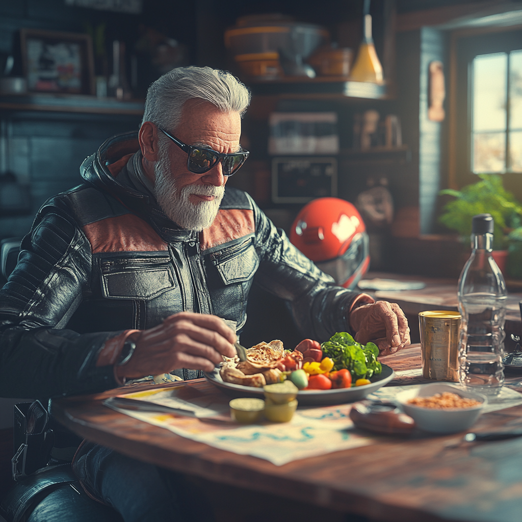 Middle-aged motorcyclist in dining area with balanced meal.