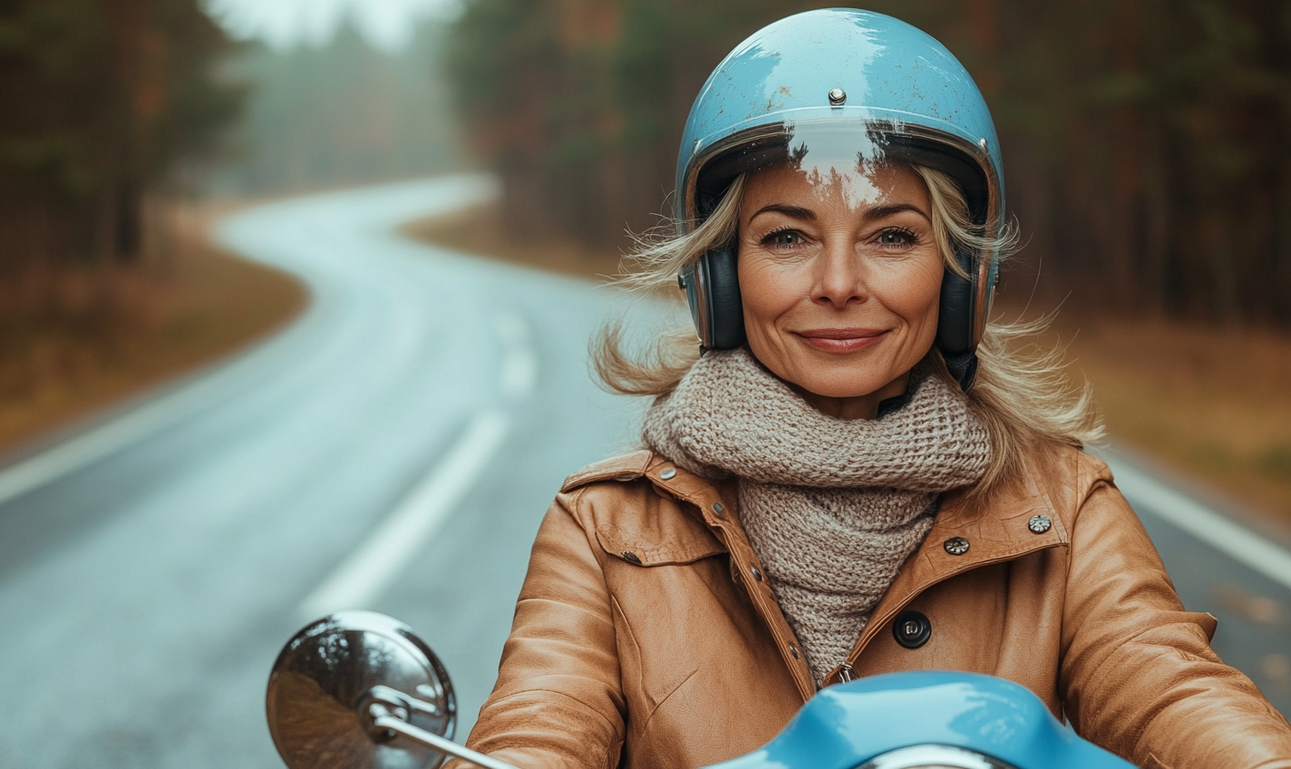 Middle-aged woman on blue scooter in forest