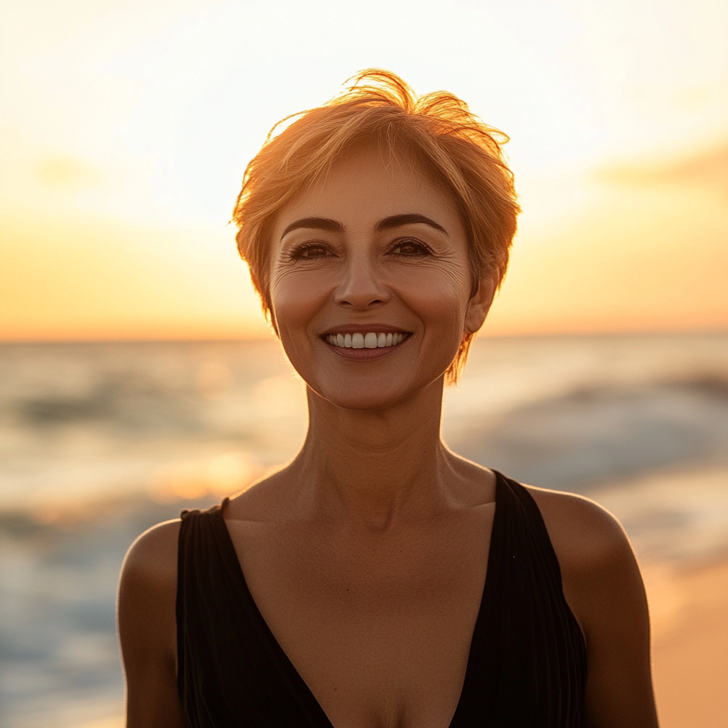 Middle eastern woman in her early sixties, smiling beachwalk.