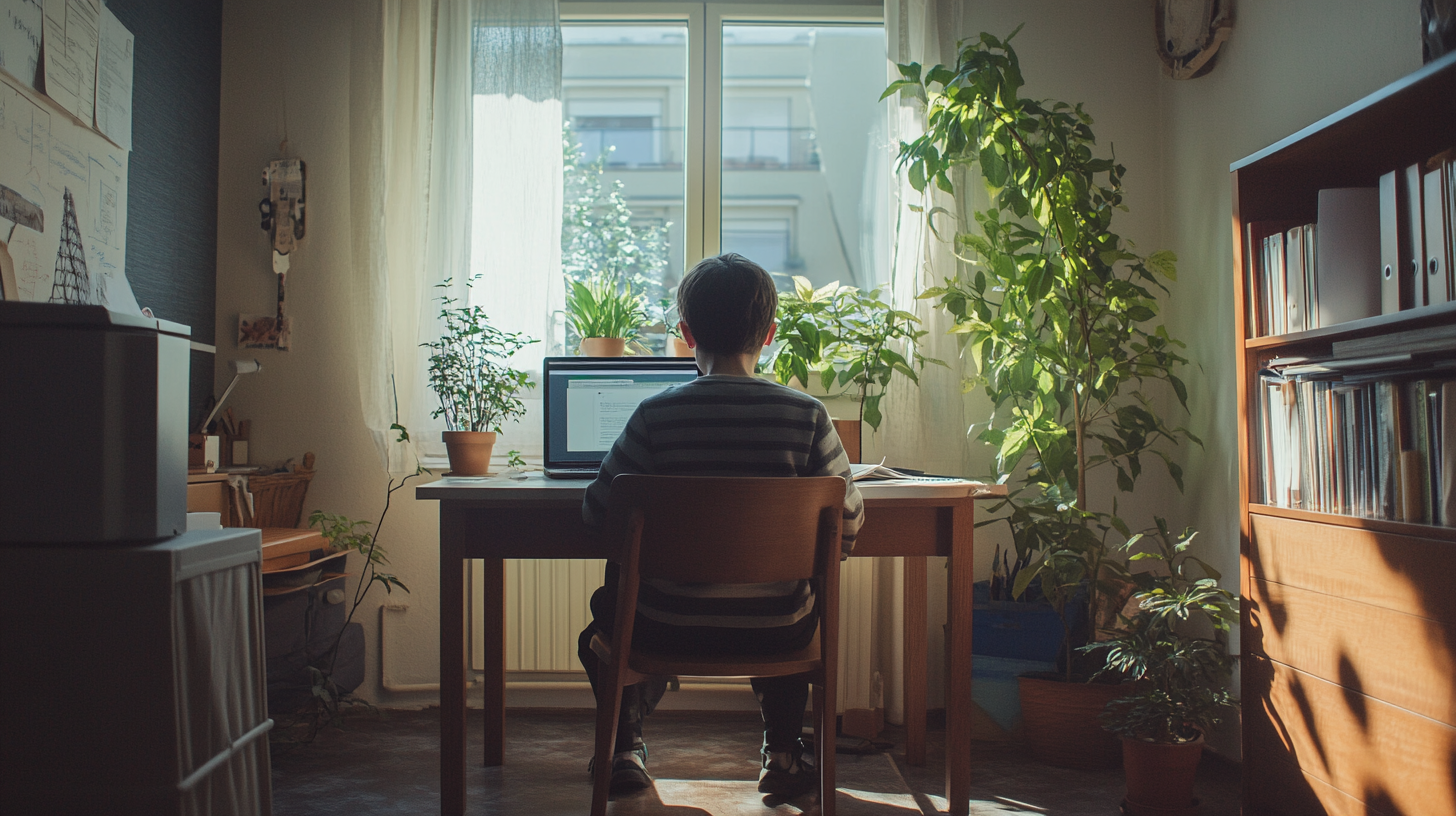 Middle school student studying on laptop at home