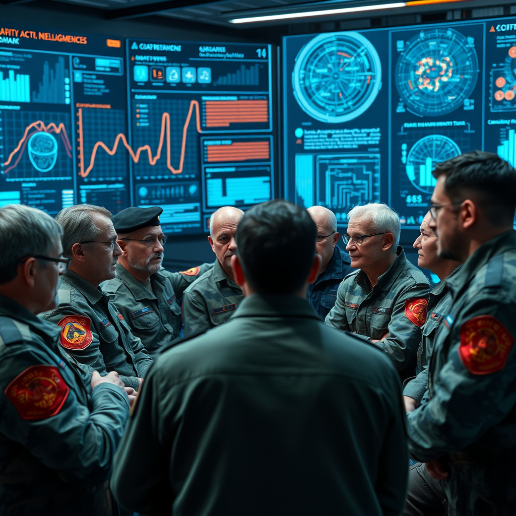 Military professors discussing AI and modern warfare with technology.