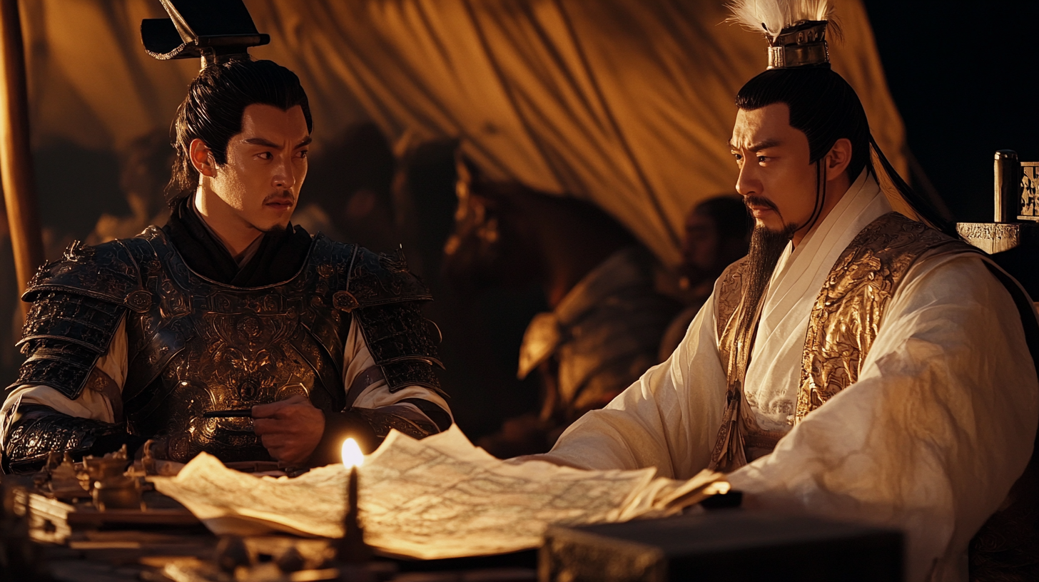 Military strategists Zhou Yu and Zhuge Liang in tent.