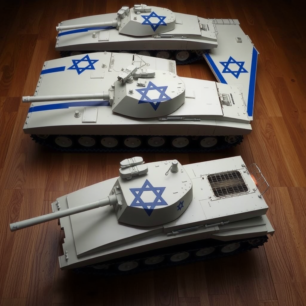 Military tanks designed like coffins with Star of David.