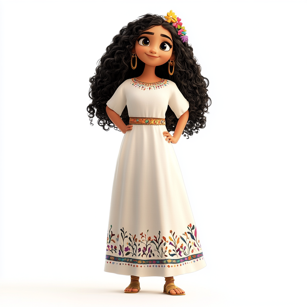 Milya, Youthful Cartoon Character in Flowery White Dress