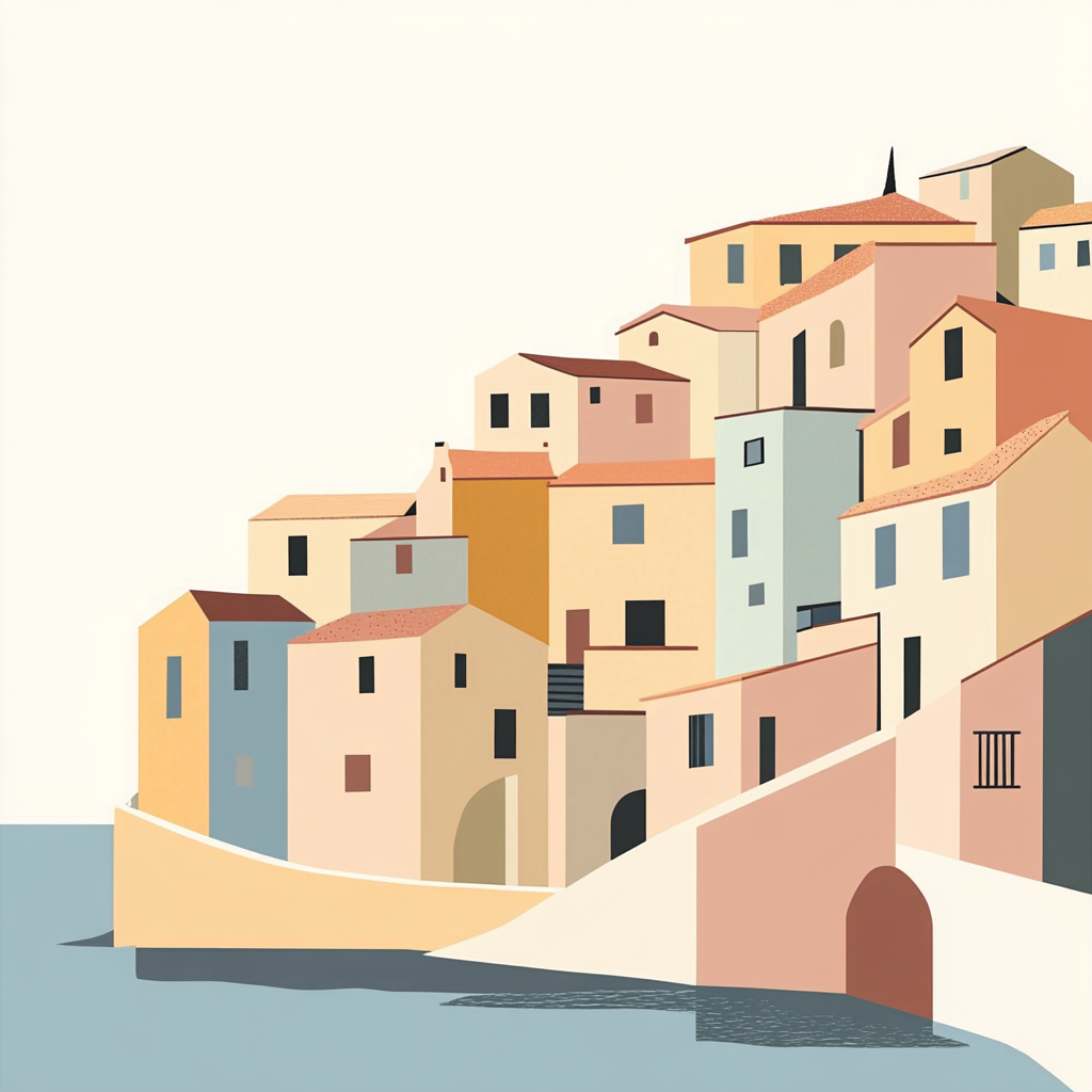 Minimalist Geometric Illustration of Bosa Village