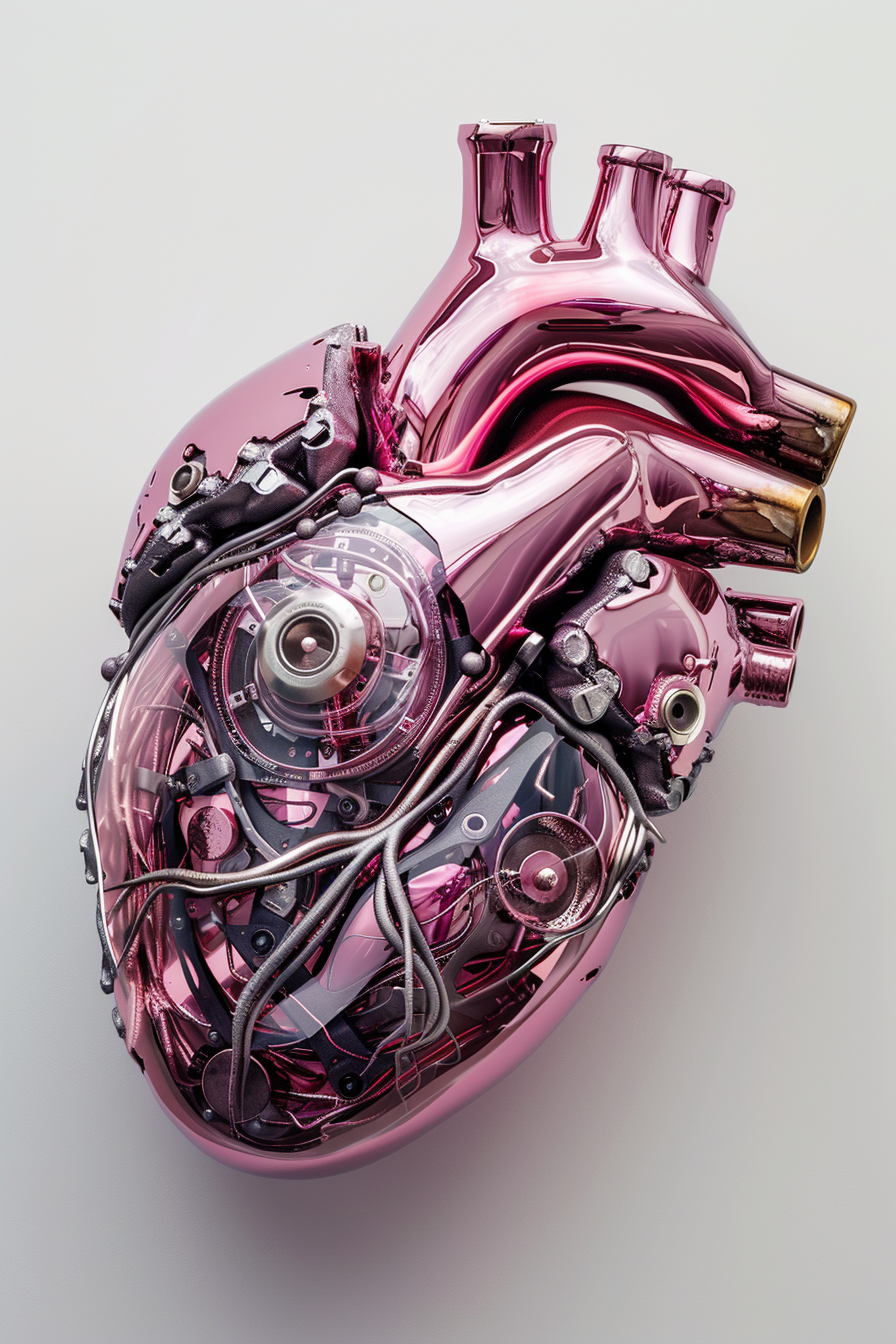Minimalist Product Photography: Artificial Human Heart, Metal Components, Glass Shades, Pink