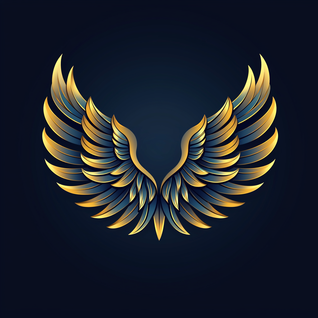 Minimalist angel wings logo with metallic accents.