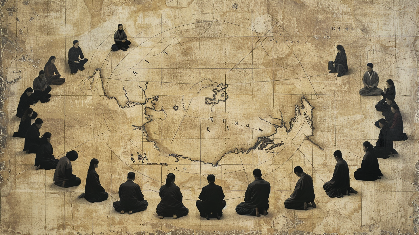 Minimalist black silhouettes of Christians praying around map.