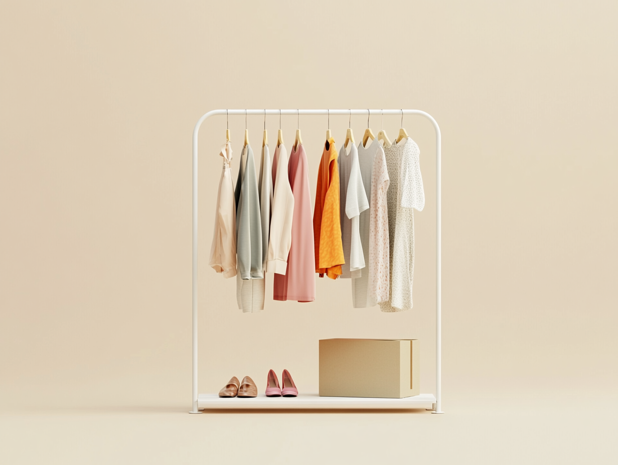 Minimalist clothing display with curated selection in calm space.