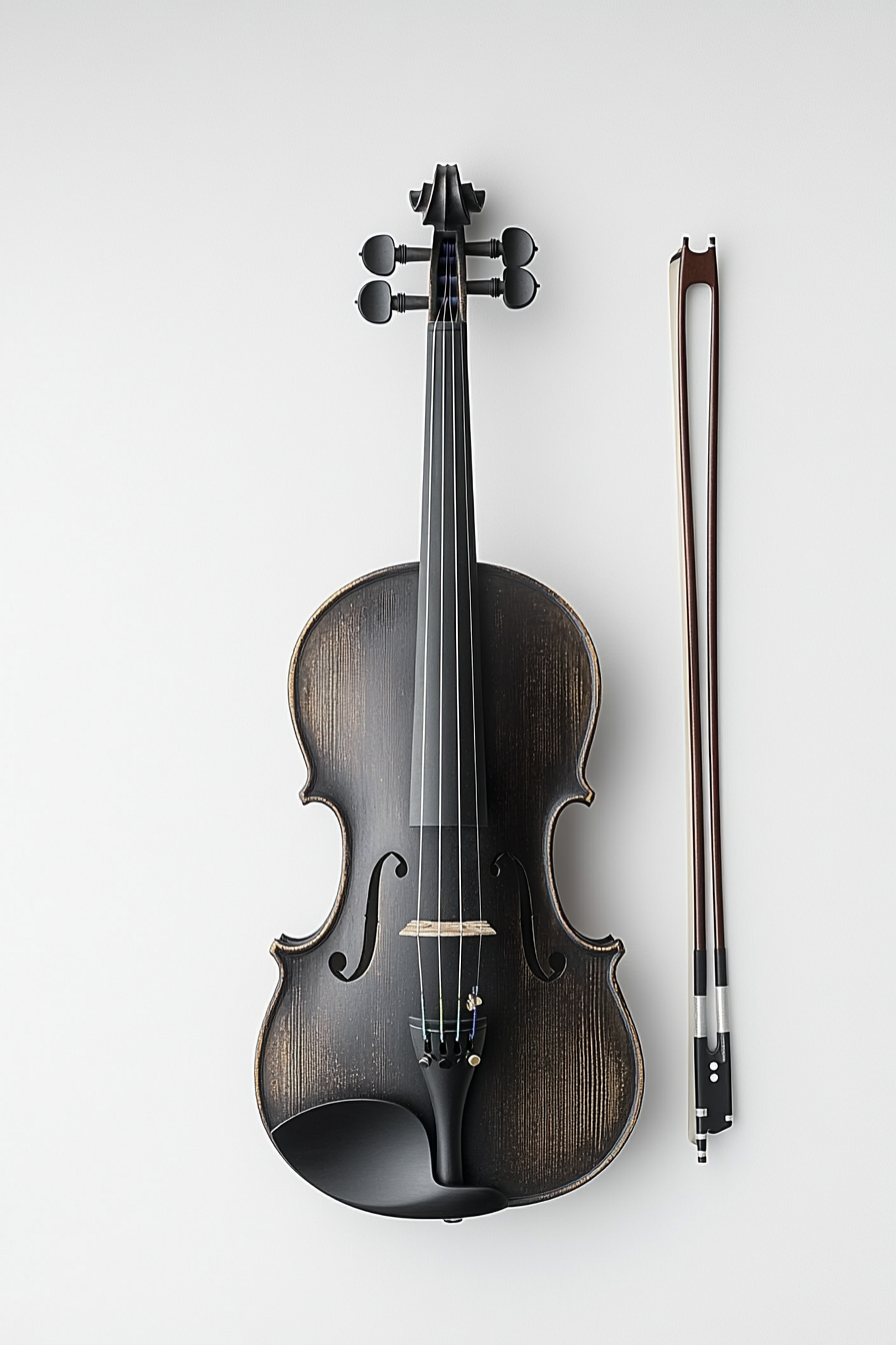 Minimalist photo of violin and bow on white background.