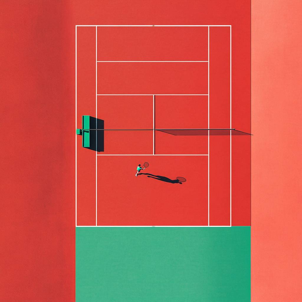 Minimalist tennis court with players on red background design.